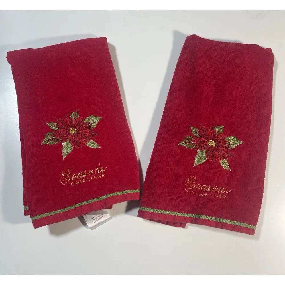Lenox Bath Towel Set Of 2 Red Ribbon & Holly Christmas Holiday Cotton